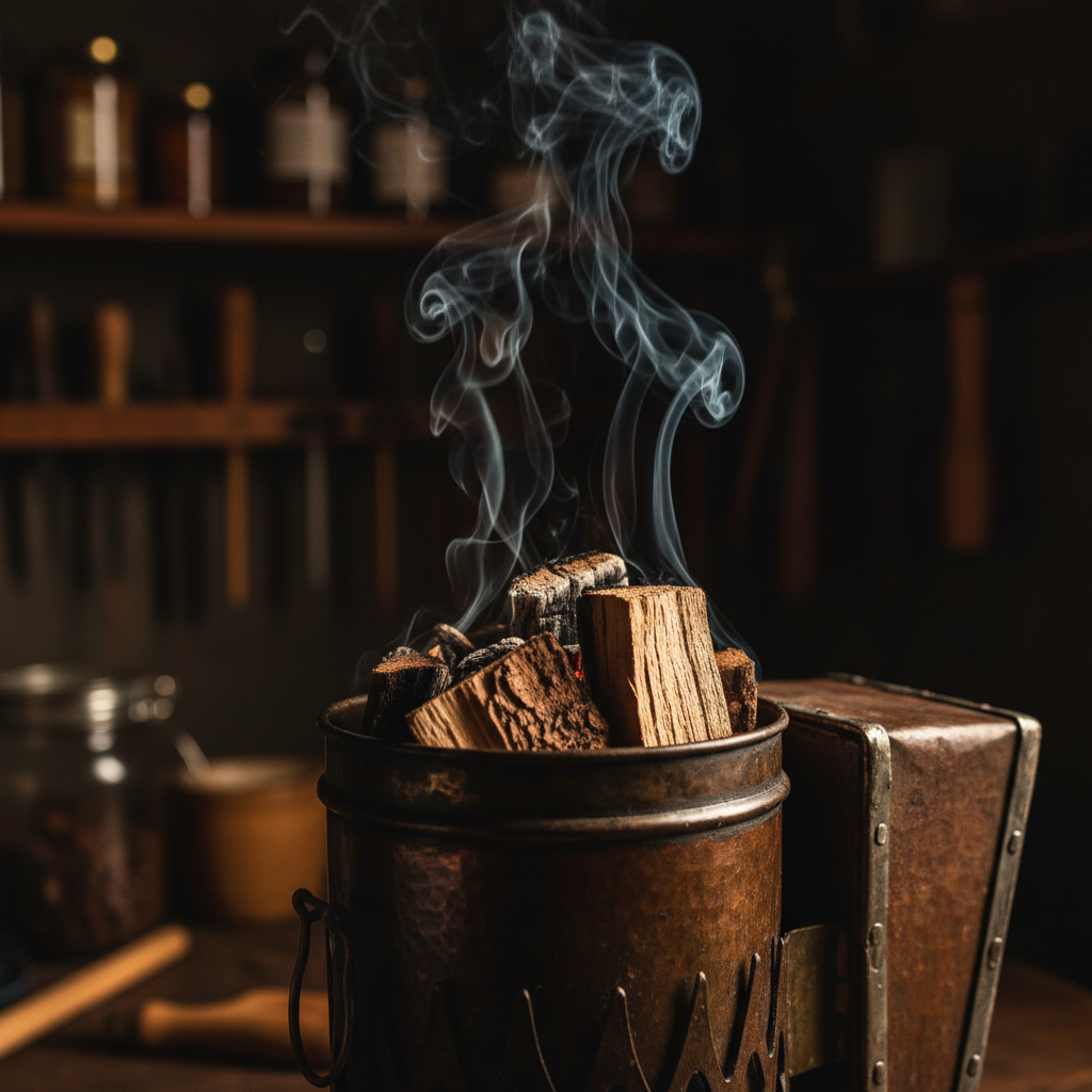 Smoking wood chips in artisan honey smoker, amber glow, dark workshop