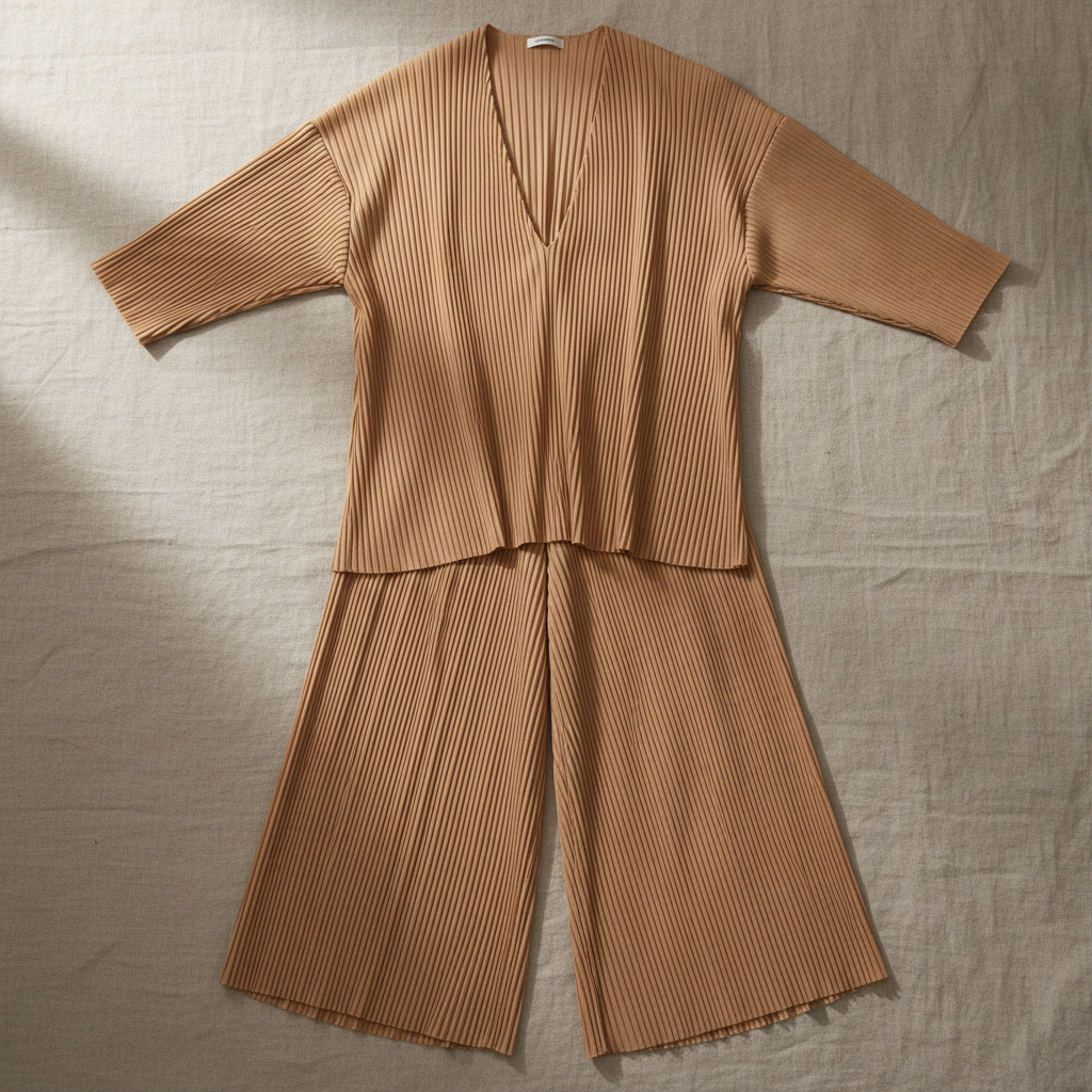 Pleated palazzo set in sand — luxury designer wear co-ord with fluid movement and editorial proportions