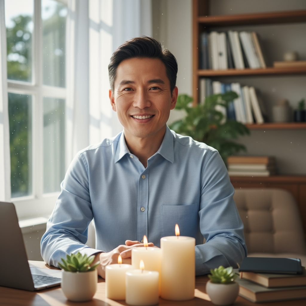 Asian man in casual smart attire, warm smile, cozy home office with bookshelves, soft natural window light, warm tones