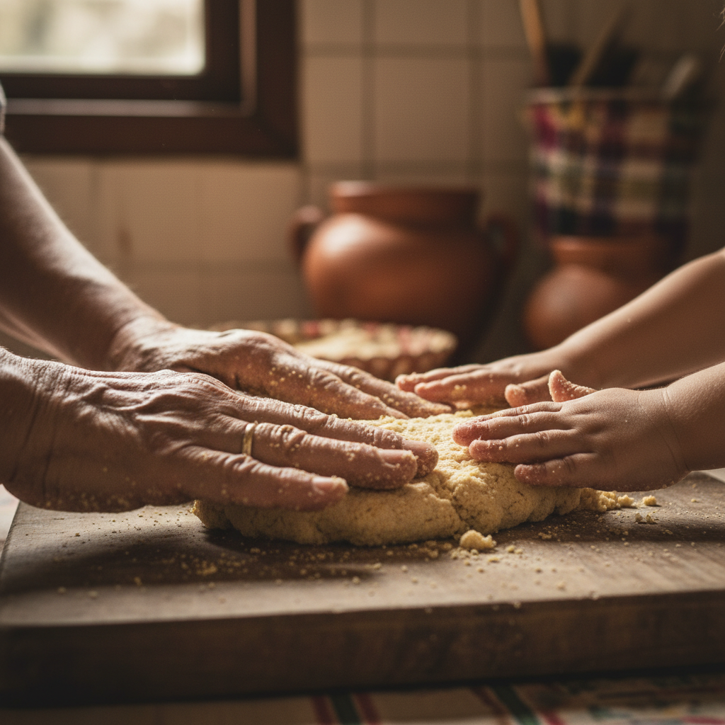 Grandmother and grandchild kneading masa dough together on a wooden table, close-up of their hands