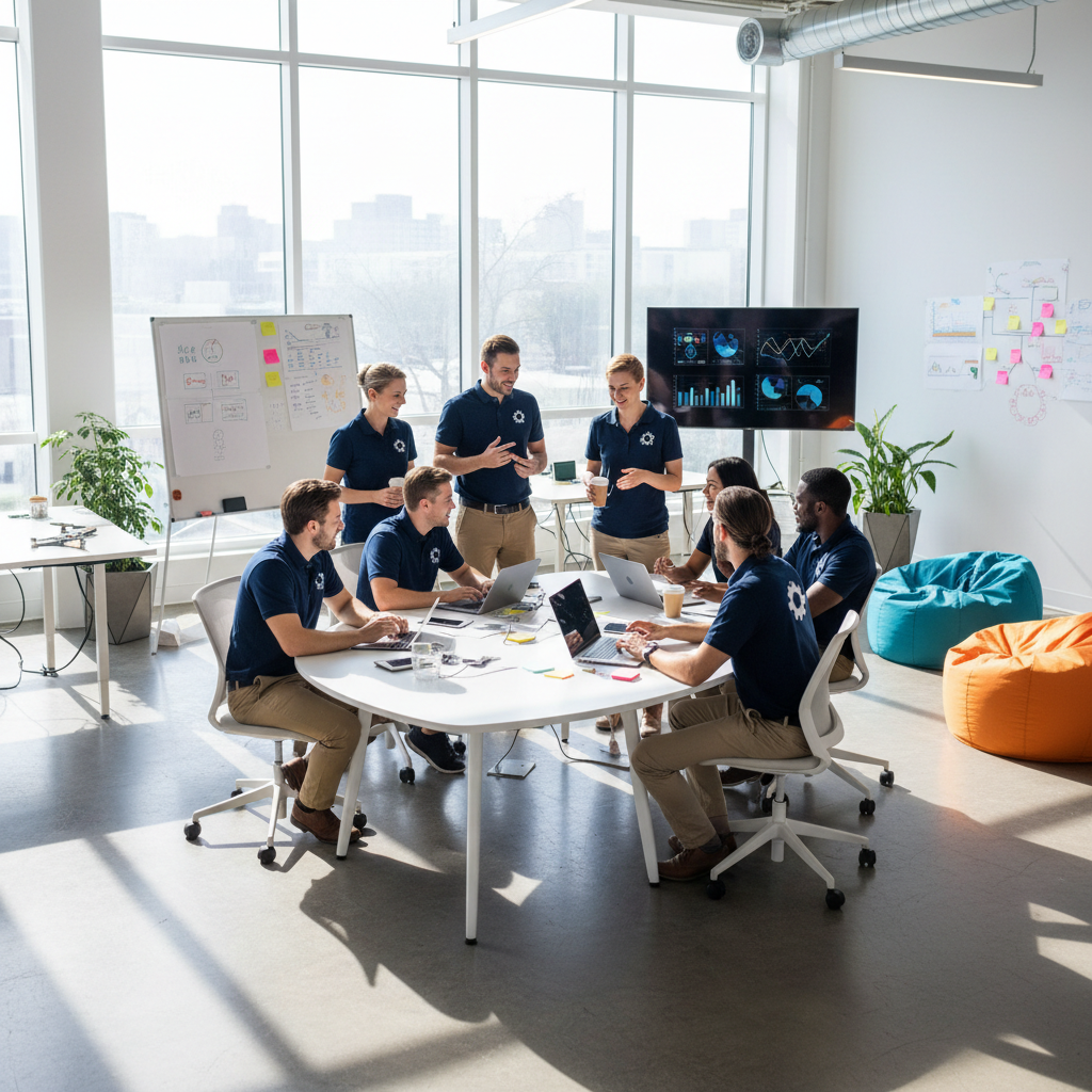 Small business team in compact modern office workspace, professional commercial environment