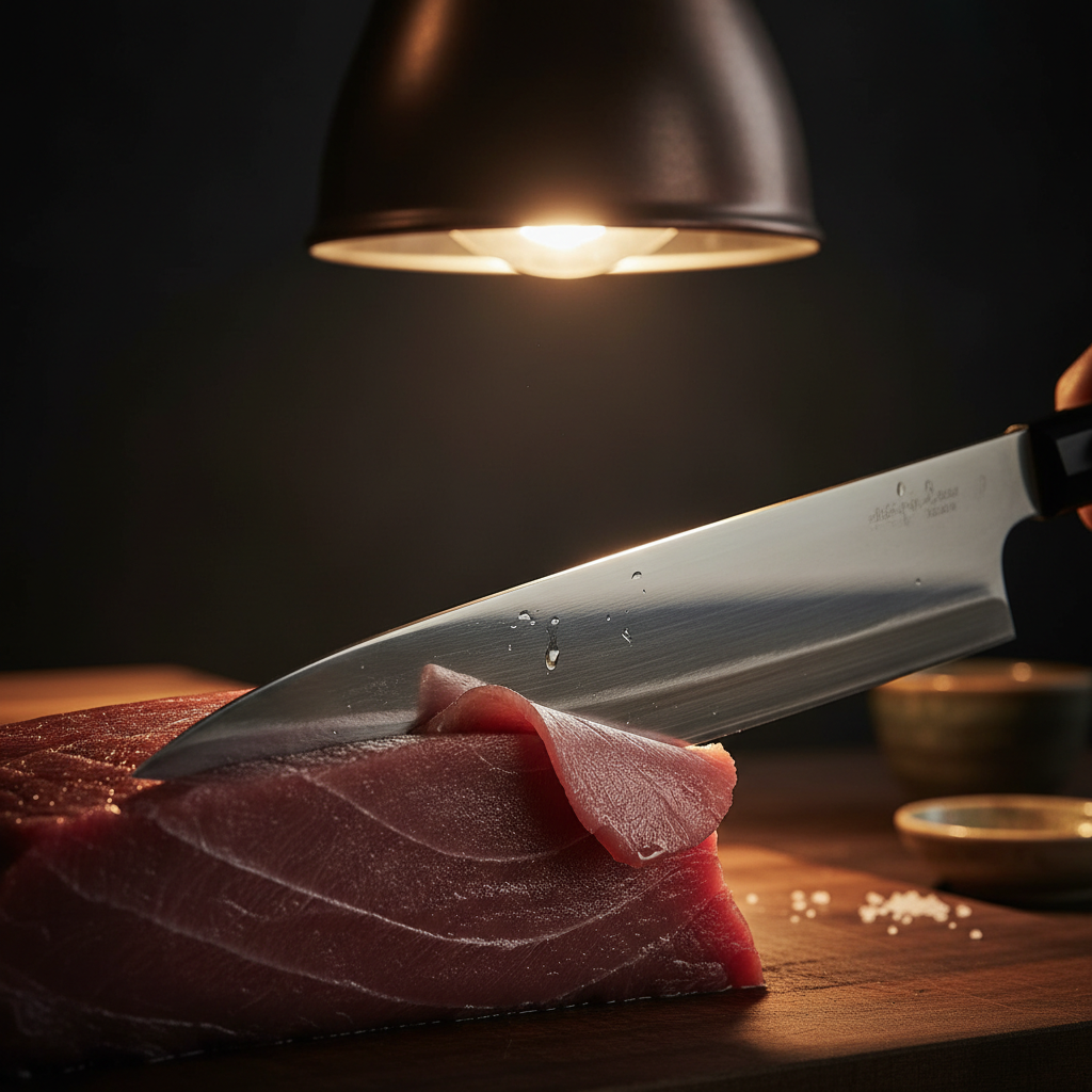 Yanagiba knife mid-pull through tuna loin, single bevel catching pendant light