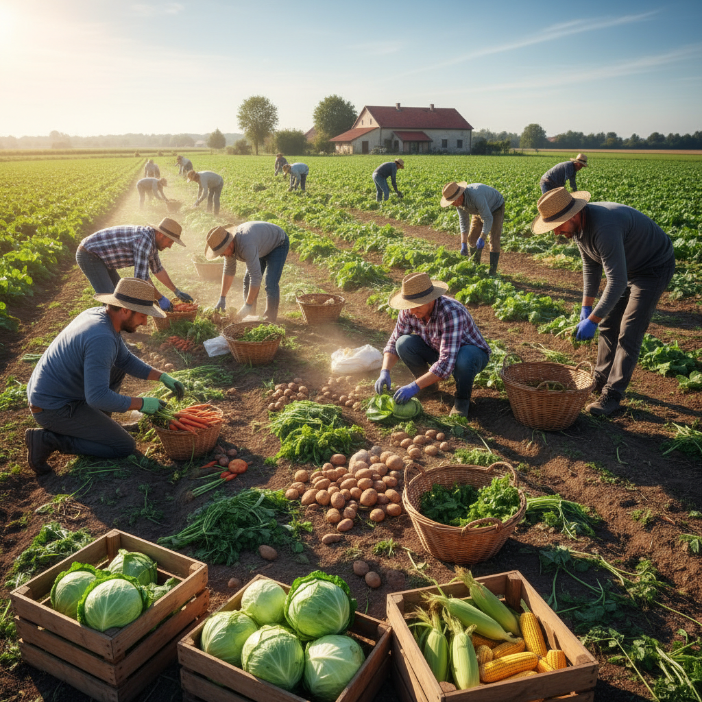 Jamaican farmer in green field holding freshly harvested vegetables, bright sunny day, lush tropical farmland in background