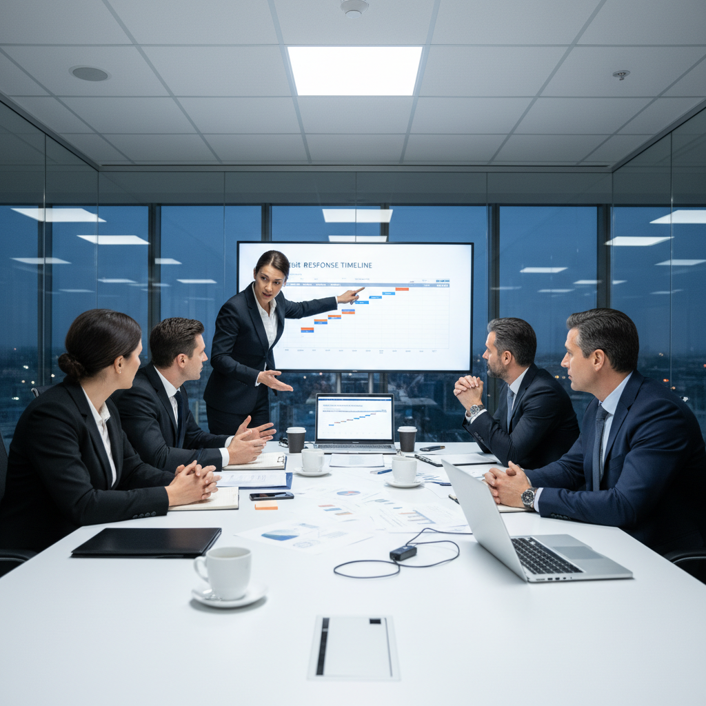 Executive team in urgent business meeting discussing crisis response timeline and immediate action plan with professional urgency