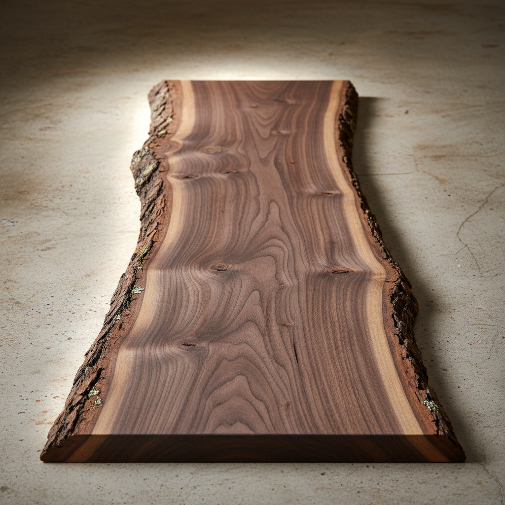 Live edge walnut slab table with natural bark edge preserved, dark rich grain, studio lighting