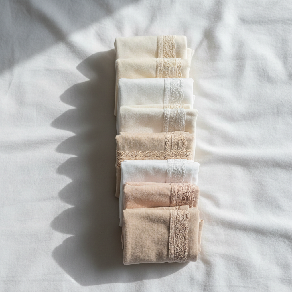 Champagne satin pajama top and pants laid flat on white sheets, warm studio lighting