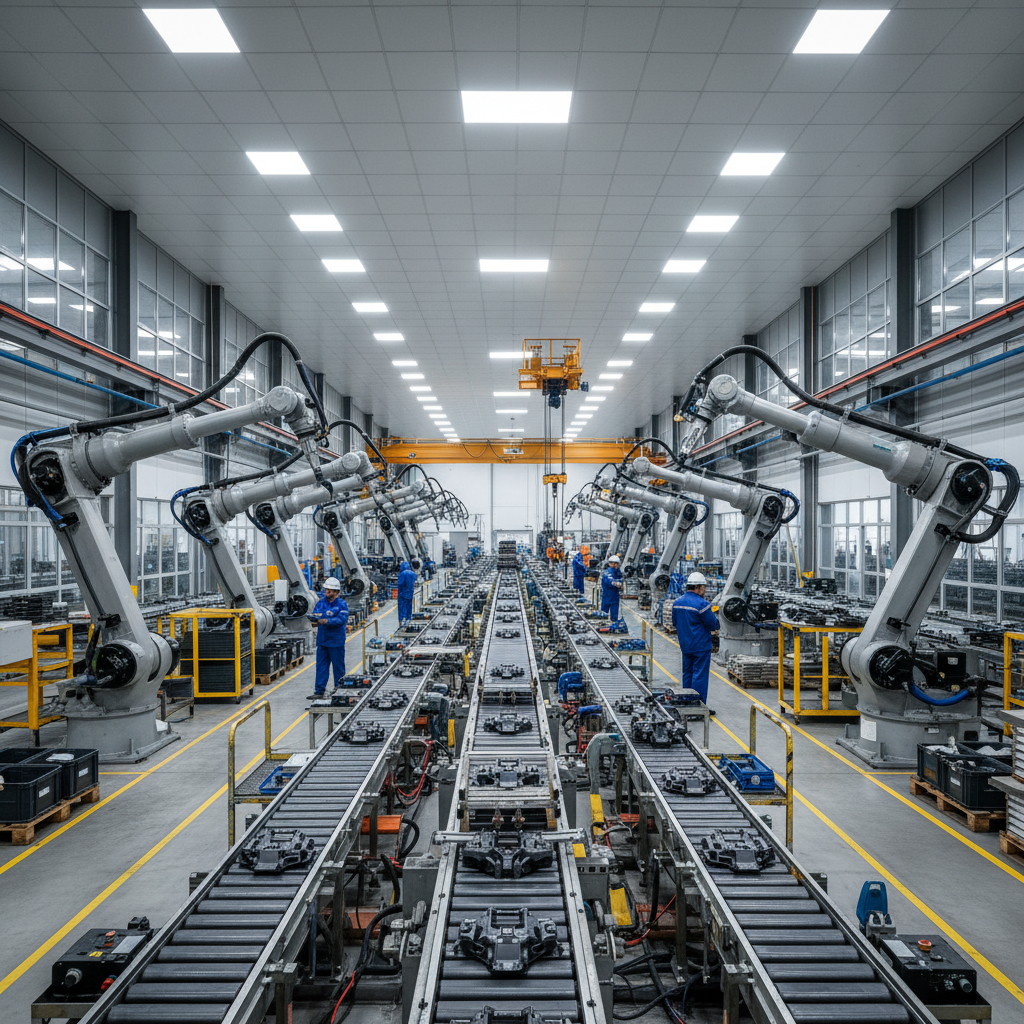 Automotive assembly plant with robotic arms on production line, bright industrial lighting, modern manufacturing environment