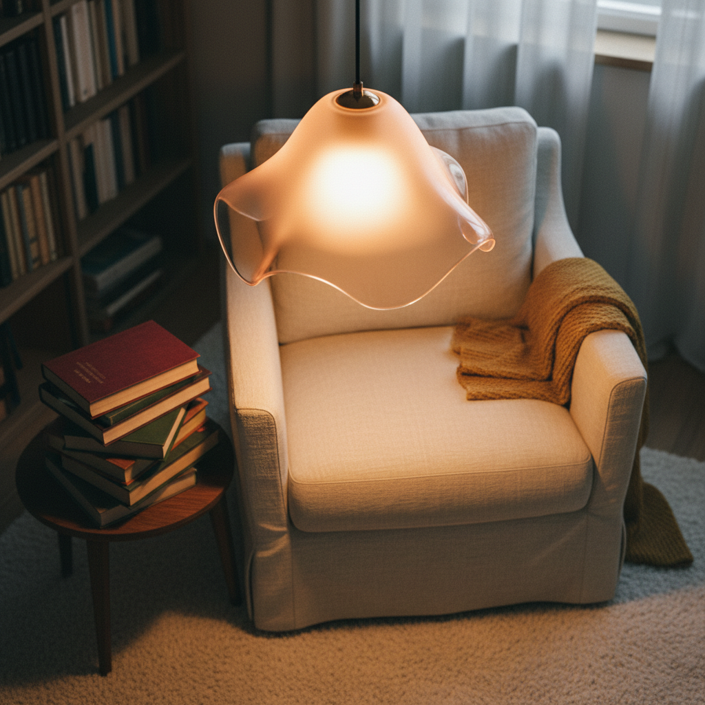 Warm candlelit reading nook with leather armchair, open book, and amber lamp glow in dark wood-paneled library