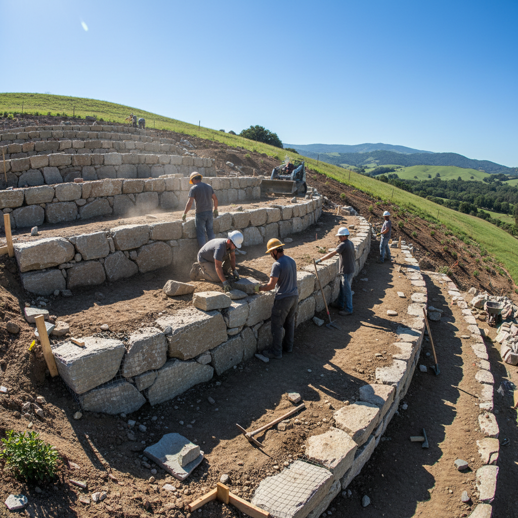Construction workers building a large concrete retaining wall, bright daylight, professional work site