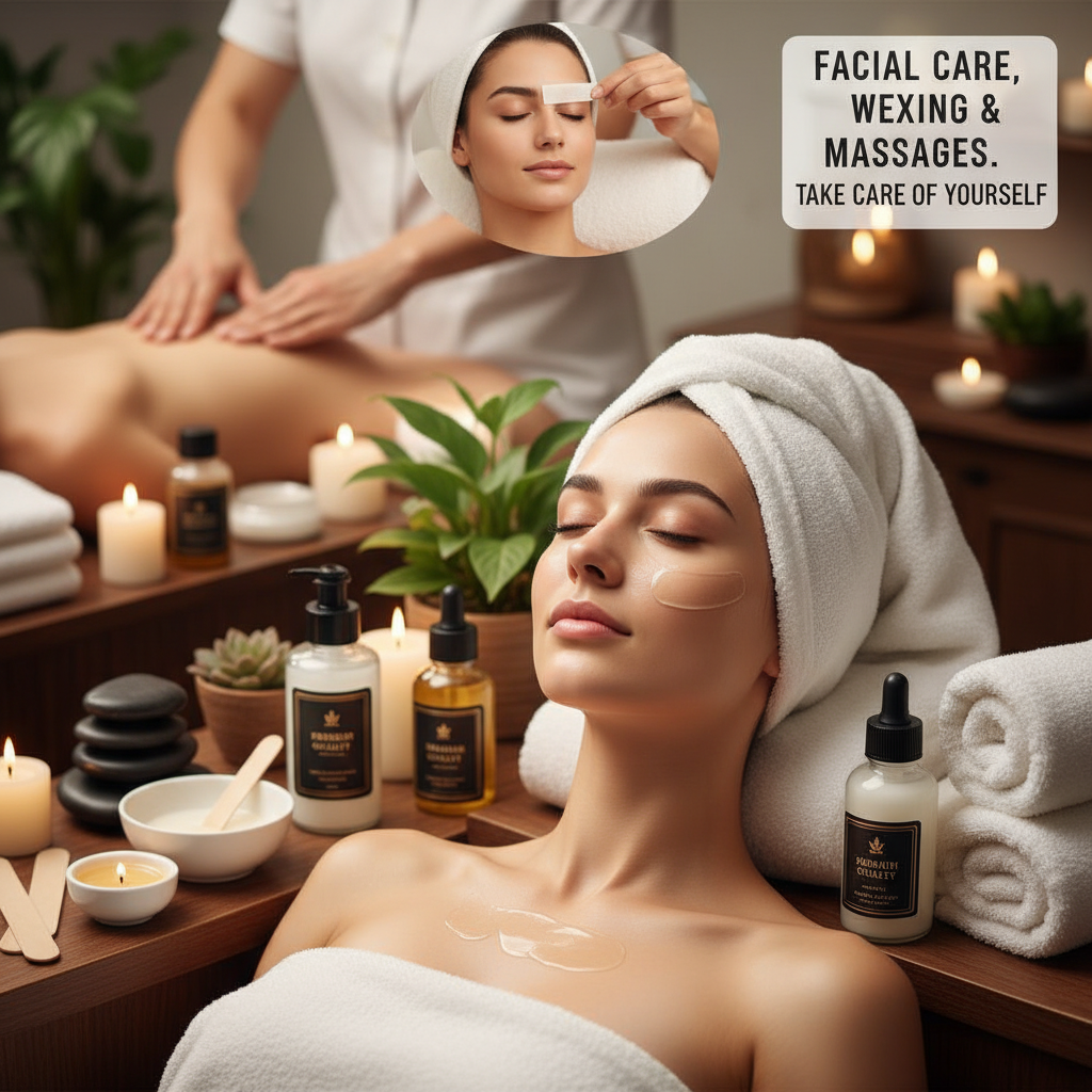 Soin visage dans un espace spa calme, lumière tamisée dorée, produits beauté naturels disposés élégamment