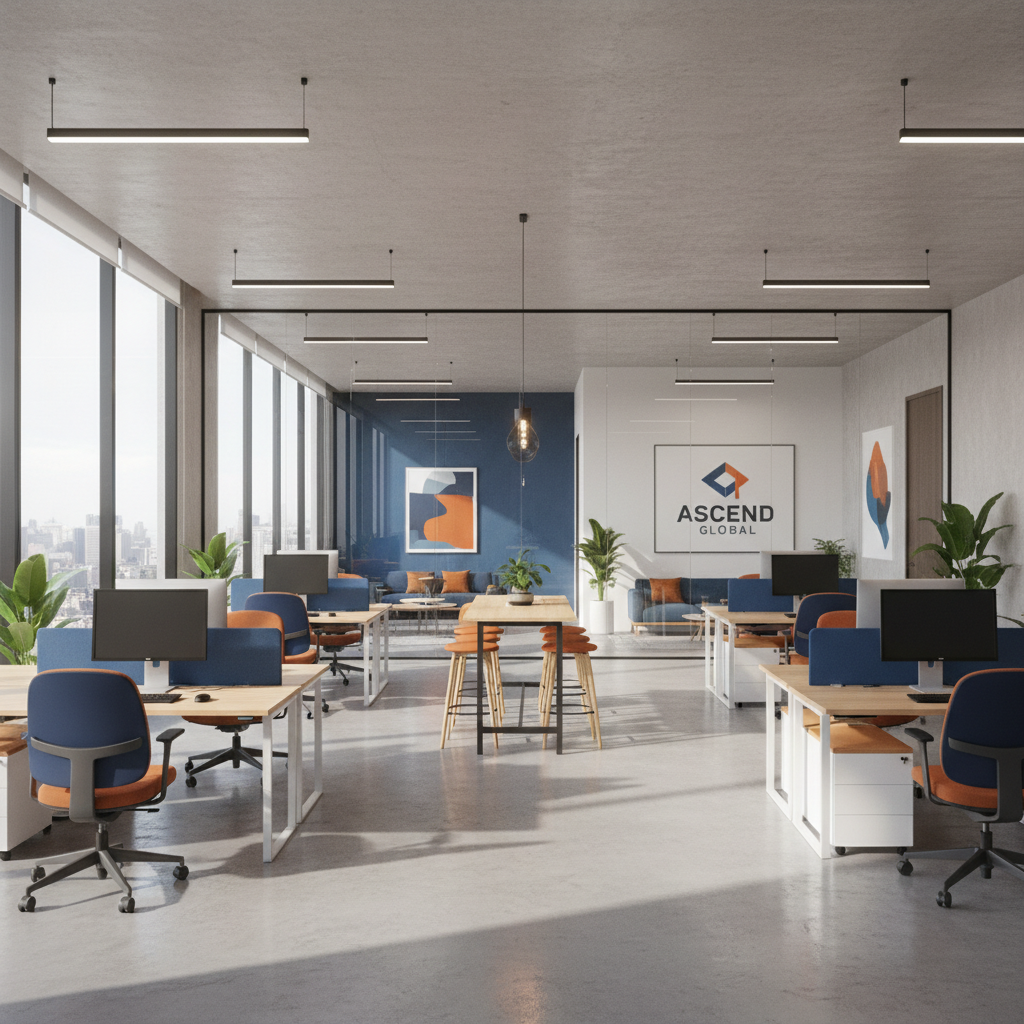 Completed corporate office interior with branded walls, modular workstations, glass partitions, and warm ambient lighting