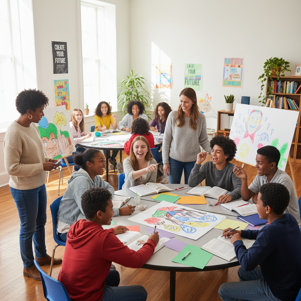 Diverse group of students laughing together in a colorful classroom, casual and engaged atmosphere