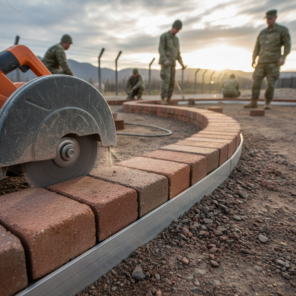 Soldier course border being precision-cut with a wet saw to fit flush against aluminum edge restraint