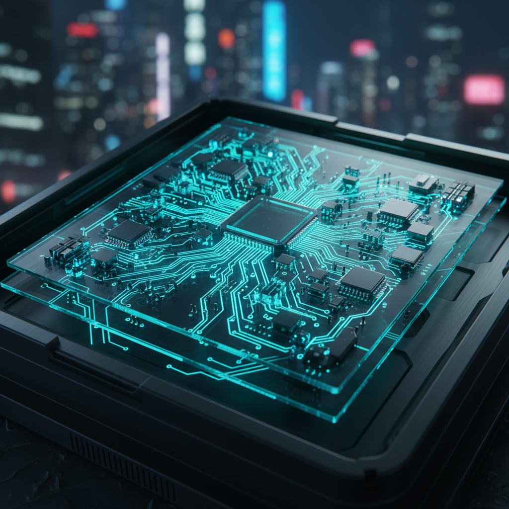 Glowing circuit board with neon green and purple light patterns