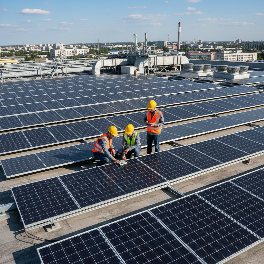 Large-scale solar panels installed on industrial rooftop with engineers inspecting the installation