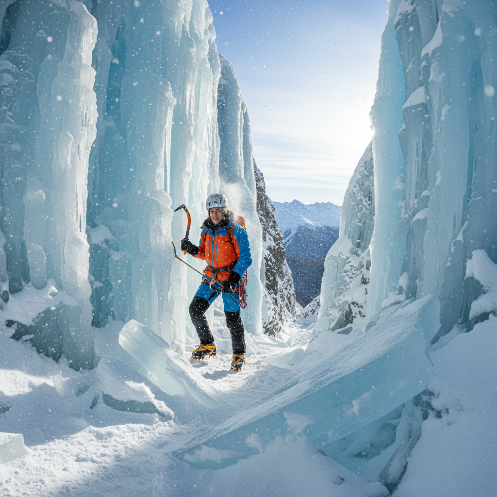 Amara Diallo, ice climber from Ouray Colorado, confident expression in winter gear