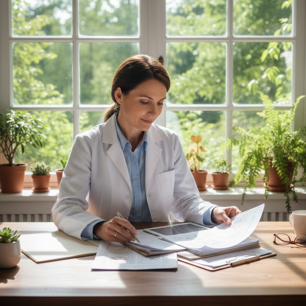 Doctor reviewing health charts in bright, airy clinic with large windows and green plants