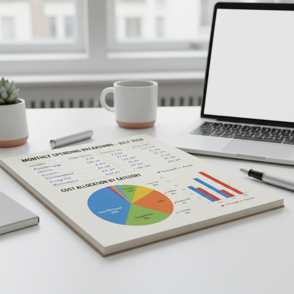 Financial report documents with charts and cost breakdown tables on a clean white desk in bright office