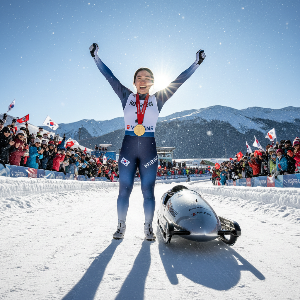 Korean monobob athlete Park Ji-su celebrating gold medal at Innsbruck-Igls World Cup Race 5