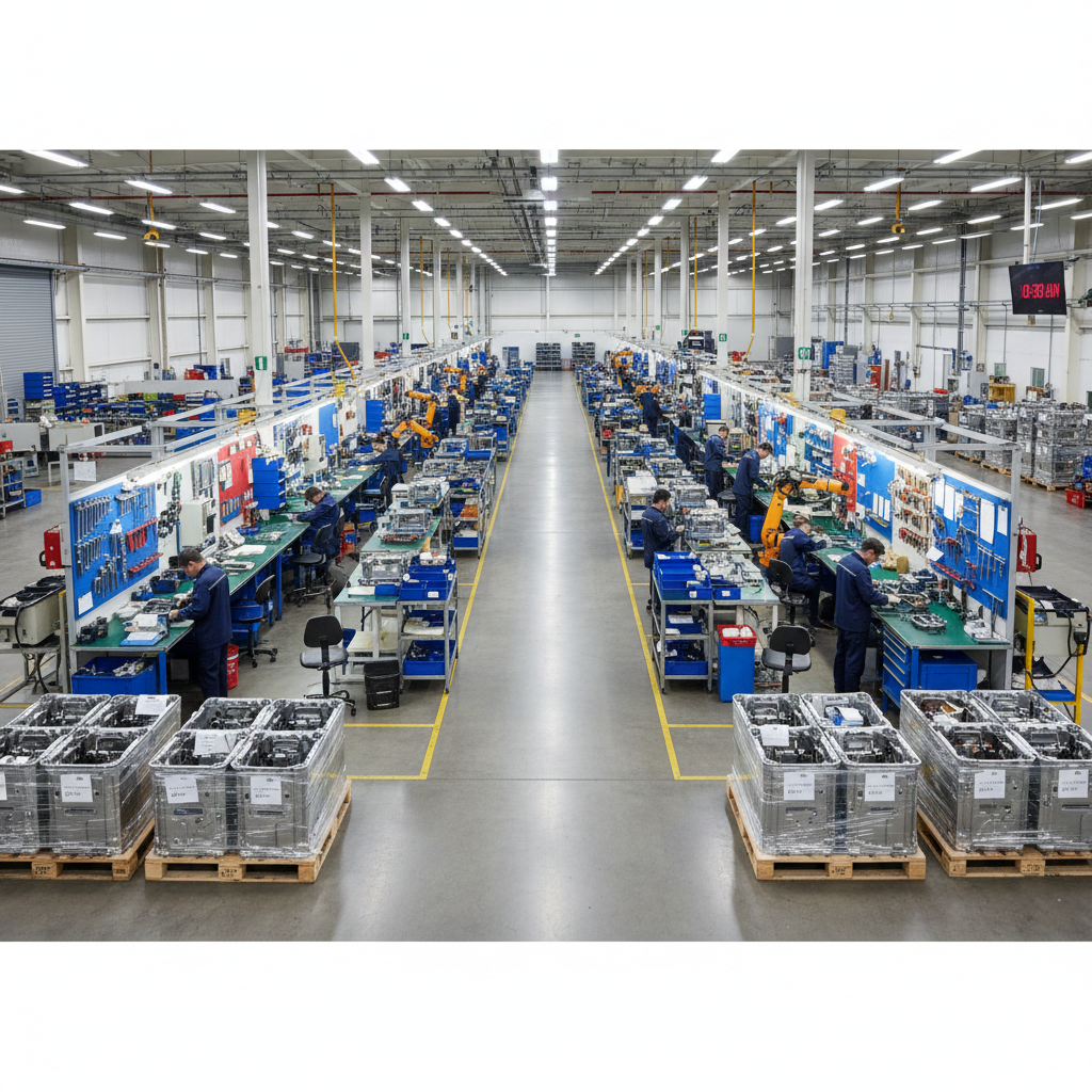 Industrial warehouse with aluminum product pallets ready for shipping, organized logistics facility
