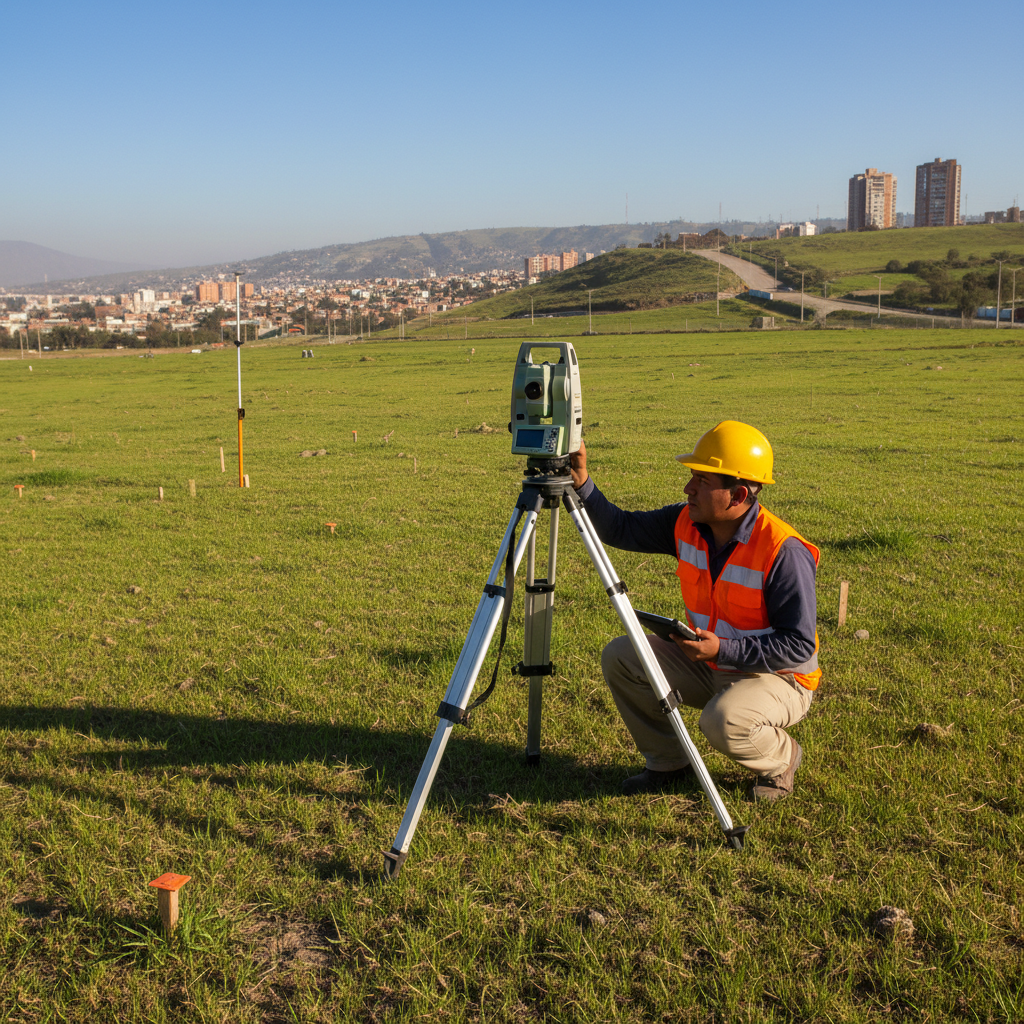Professional surveyor reviewing field notes at desk with maps and equipment, well-lit office, focused expression