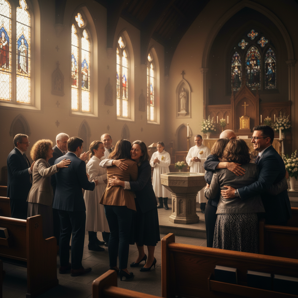 Baptism ceremony in church with congregation celebrating