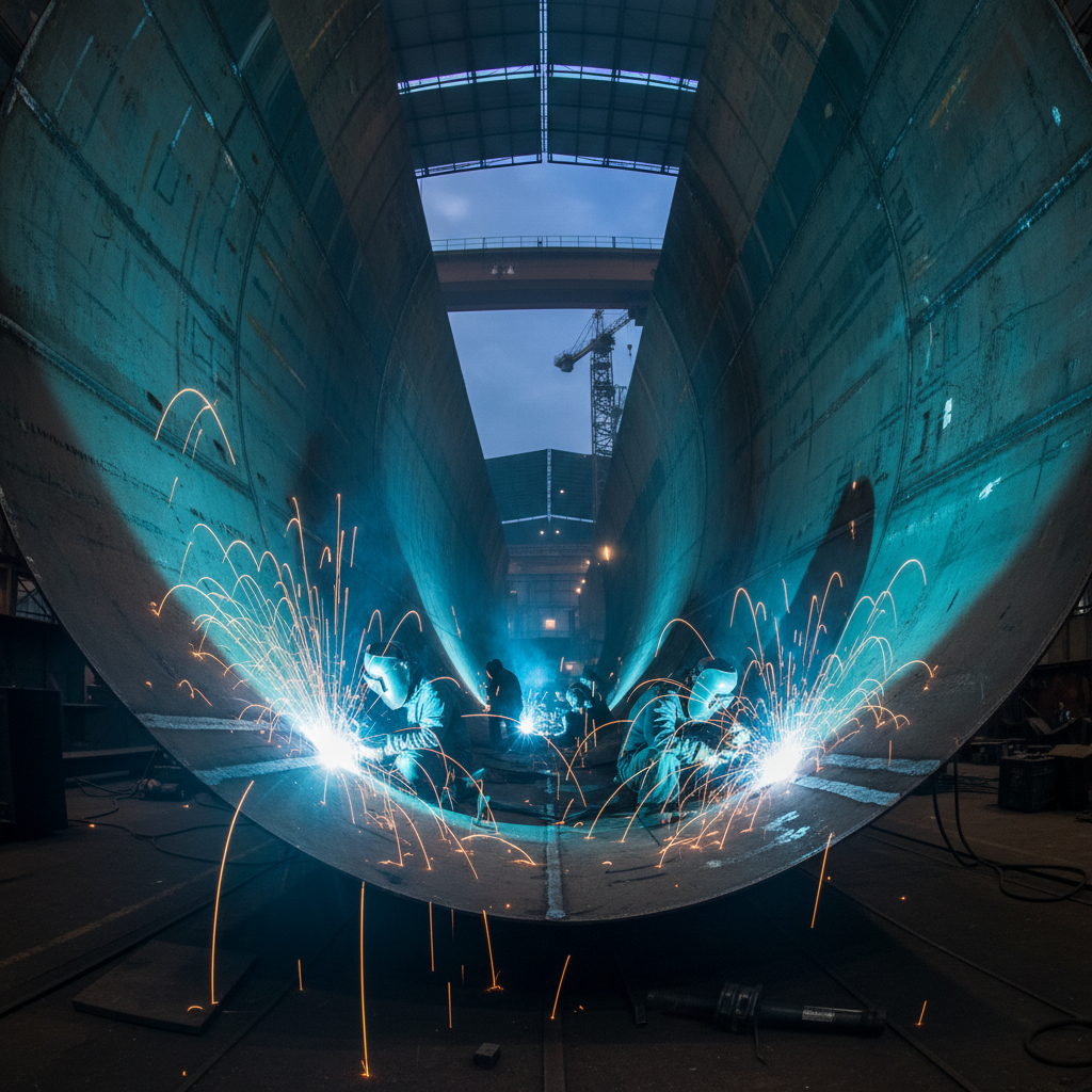 Shipyard workers welding large steel hull sections, bright welding arcs illuminating dark fabrication bay