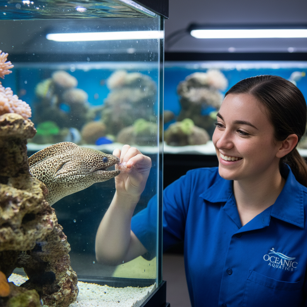 Theo Park, young aquarium specialist, grinning while hand-feeding the store's resident moray eel