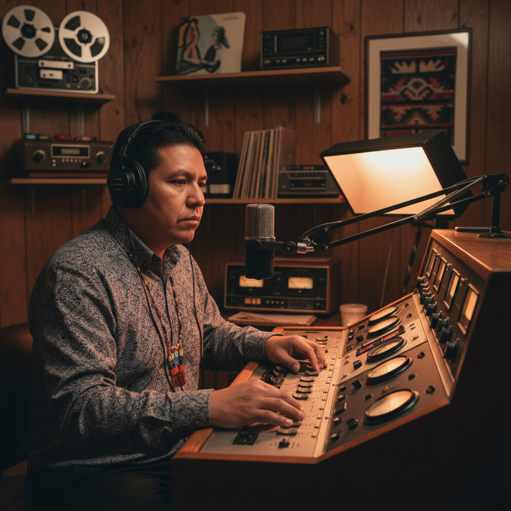 Indigenous radio broadcaster at a vintage console in a reservation studio