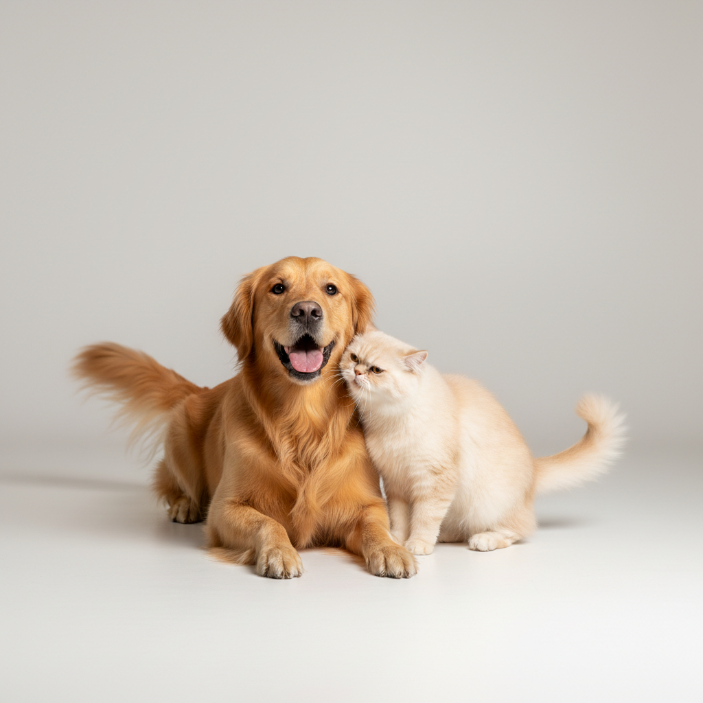 Chien et chat heureux ensemble dans un intérieur chaleureux, lumière dorée douce, décor minimaliste et élégant