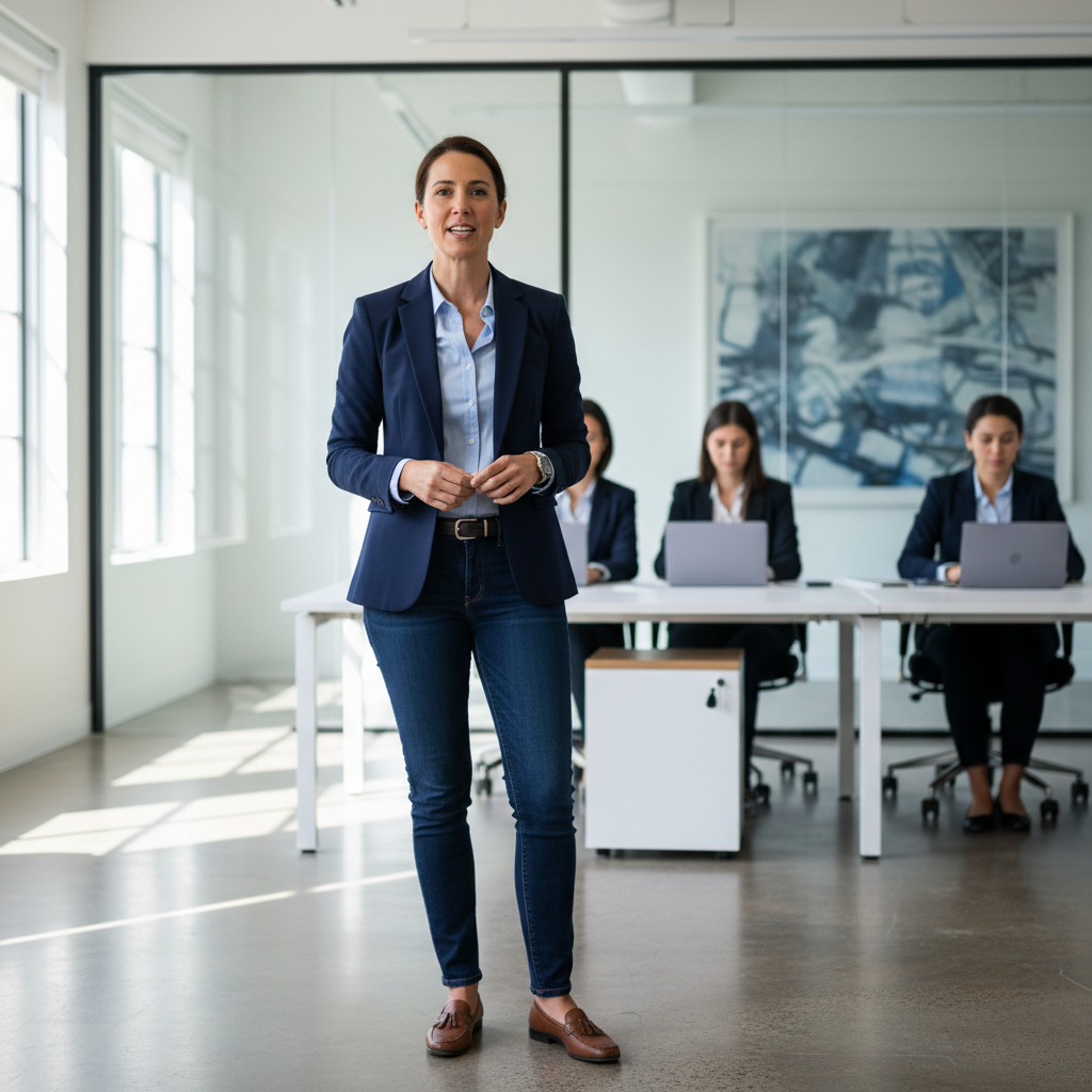 Series-A founder in modern office, speaking with confidence