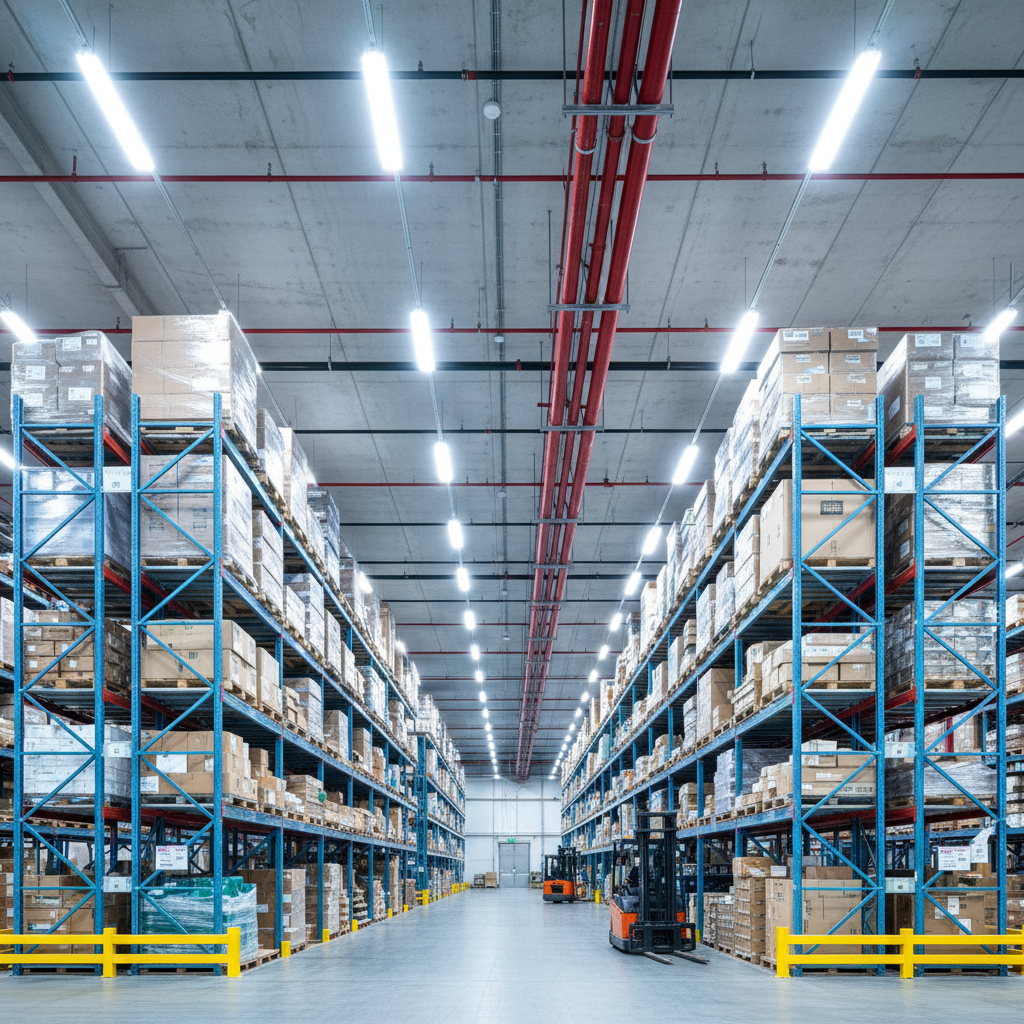 Industrial warehouse storage facility interior with high metal shelving, dim overhead lighting, concrete floor, dark atmosphere