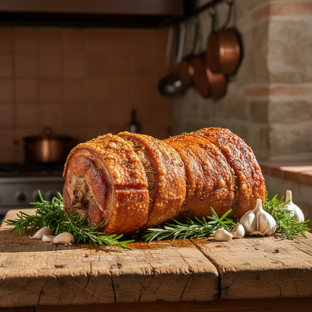 Porchetta di Ariccia intera con crosta dorata e croccante su bancone di legno, rosmarino e aglio attorno, luce solare diretta