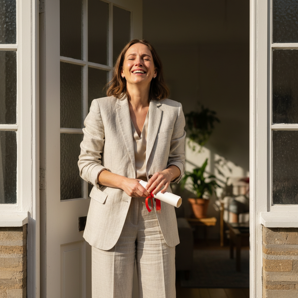Woman standing in doorway of her home looking relieved after legal victory