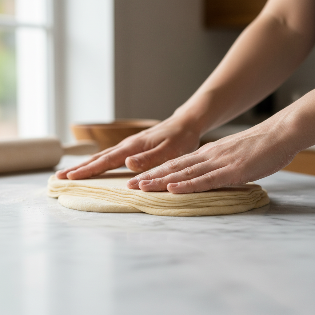 Close-up of baker hands shaping croissant dough, flour dusted table, artisan process, warm kitchen