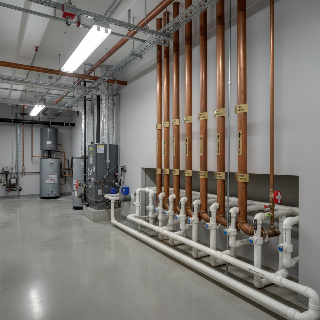 Commercial mechanical room with labeled copper risers and clean concrete floor, PVC waste lines running in parallel