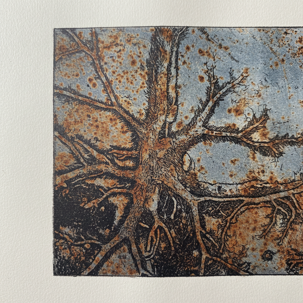 Drypoint etching on zinc plate showing industrial rust patterns, rich burr creating velvety shadows, printed on dampened Hahnemühle paper