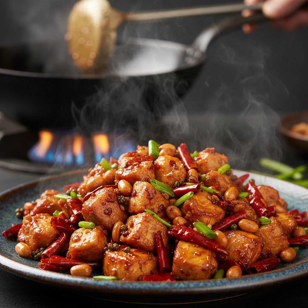 Курица Гун Бао — authentic Chinese dish, professionally plated, dark moody background, commercial food photography
