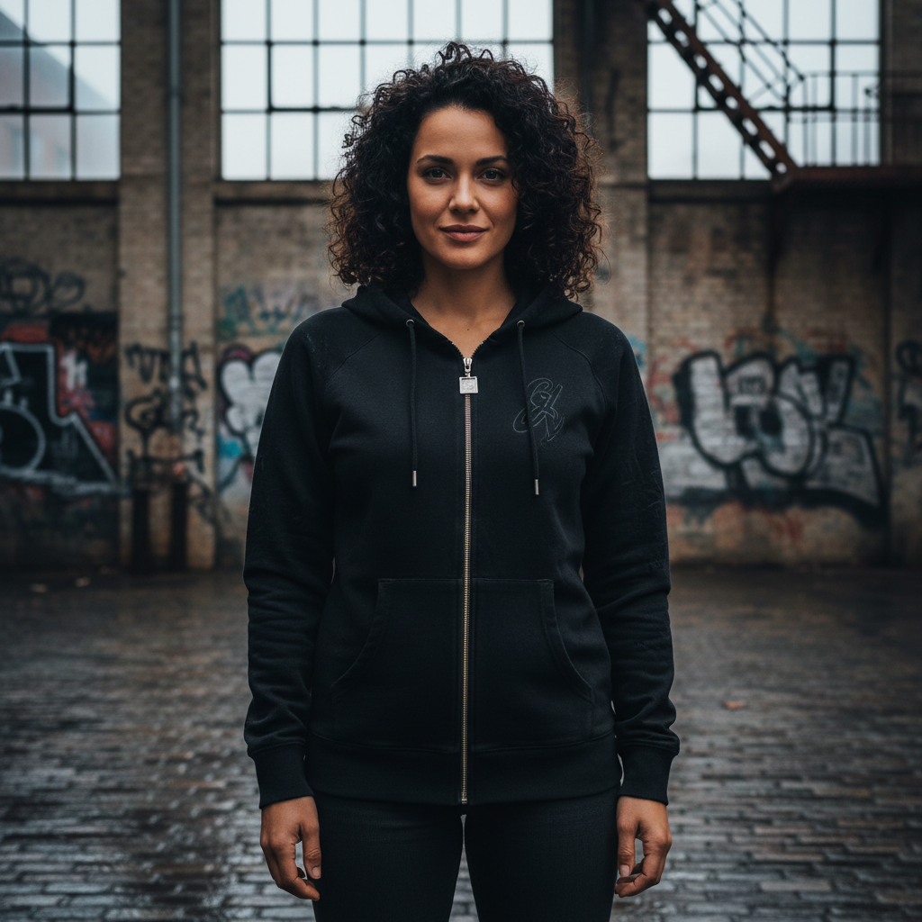 Dark studio, model wearing premium zip-up hoodie, dramatic side lighting, high quality fabric detail