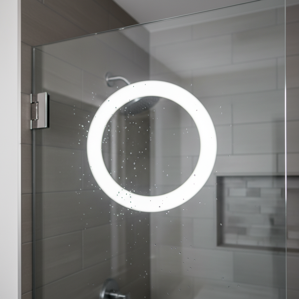 Freshly installed glass shower door with ring light reflection