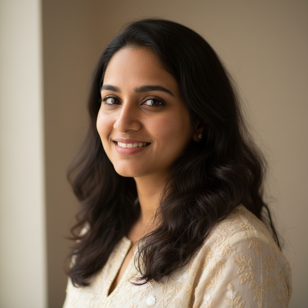 Professional Indian businesswoman in business casual attire, composed expression, bright office background, corporate headshot