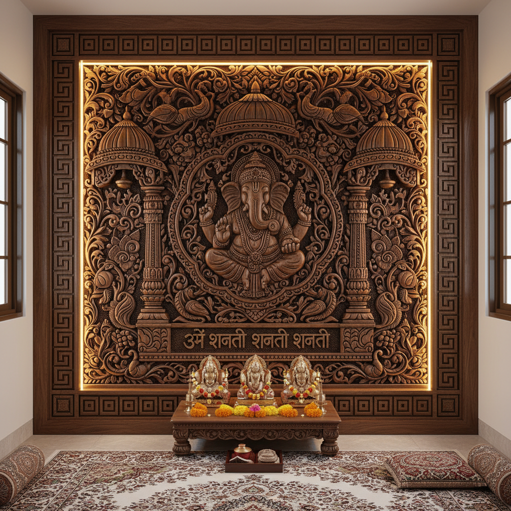 Mandir CNC panel with intricate religious decorative pattern, Indian home prayer room