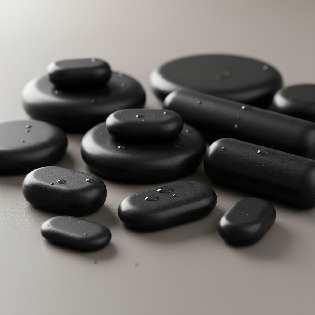 Hot stone massage therapy with black basalt stones on client back