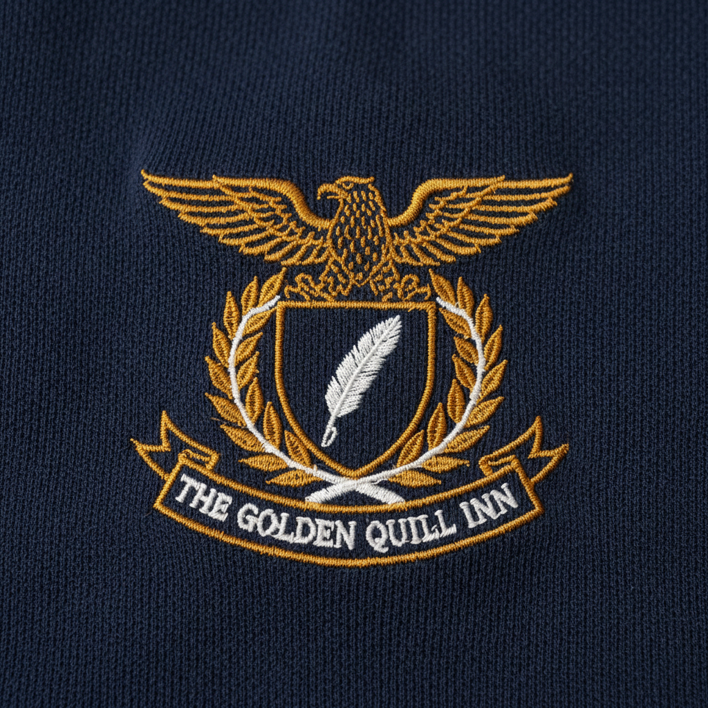 Macro close-up photograph of hotel brand crest embroidered on navy polo fabric showing individual thread crossings with amber and white thread detail under overhead lighting