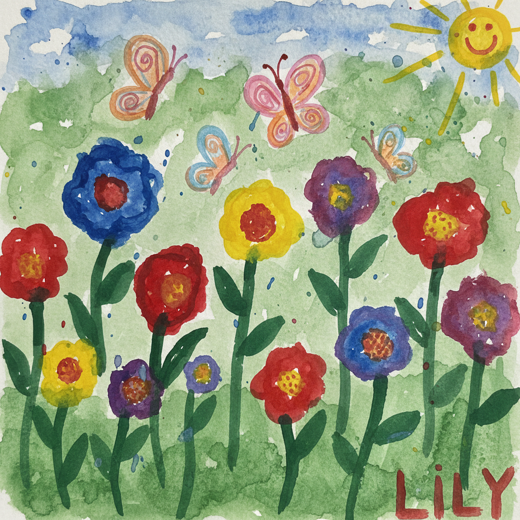 Watercolor painting by a kindergarten-age child showing colorful flowers and butterflies in a garden