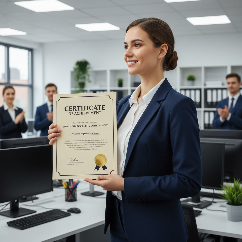 Person holding official certificate document with formal seal, bright professional setting, achievement moment