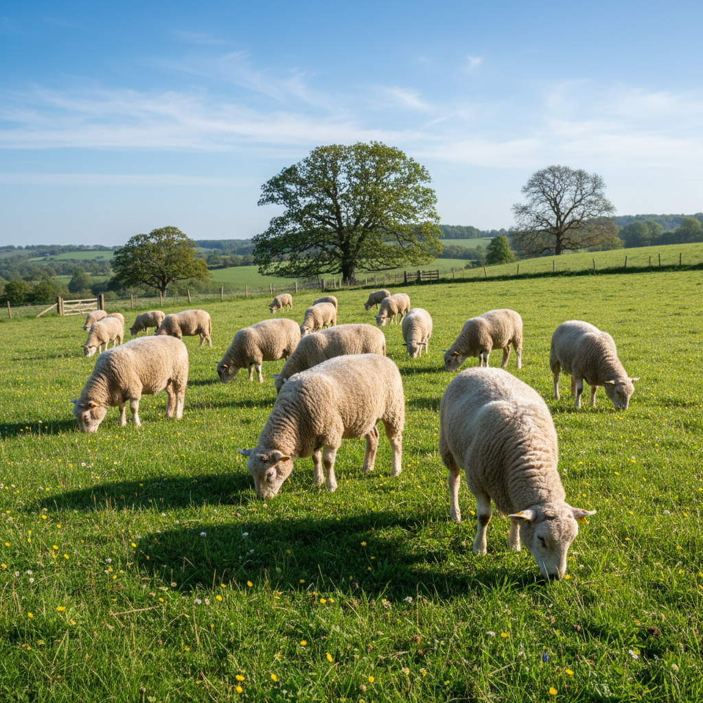 Mule shearling ewes in green field