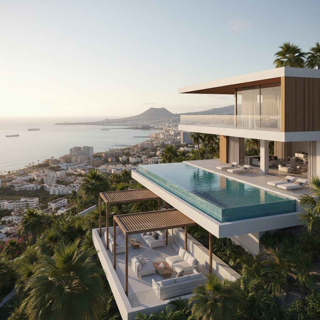 Render arquitectónico de villa moderna con piscina en Las Palmas de Gran Canaria