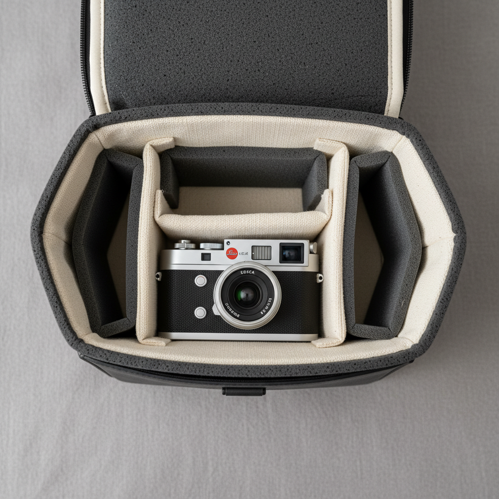 Open camera bag interior showing modular foam dividers lined with ivory cotton, Leica camera nestled inside