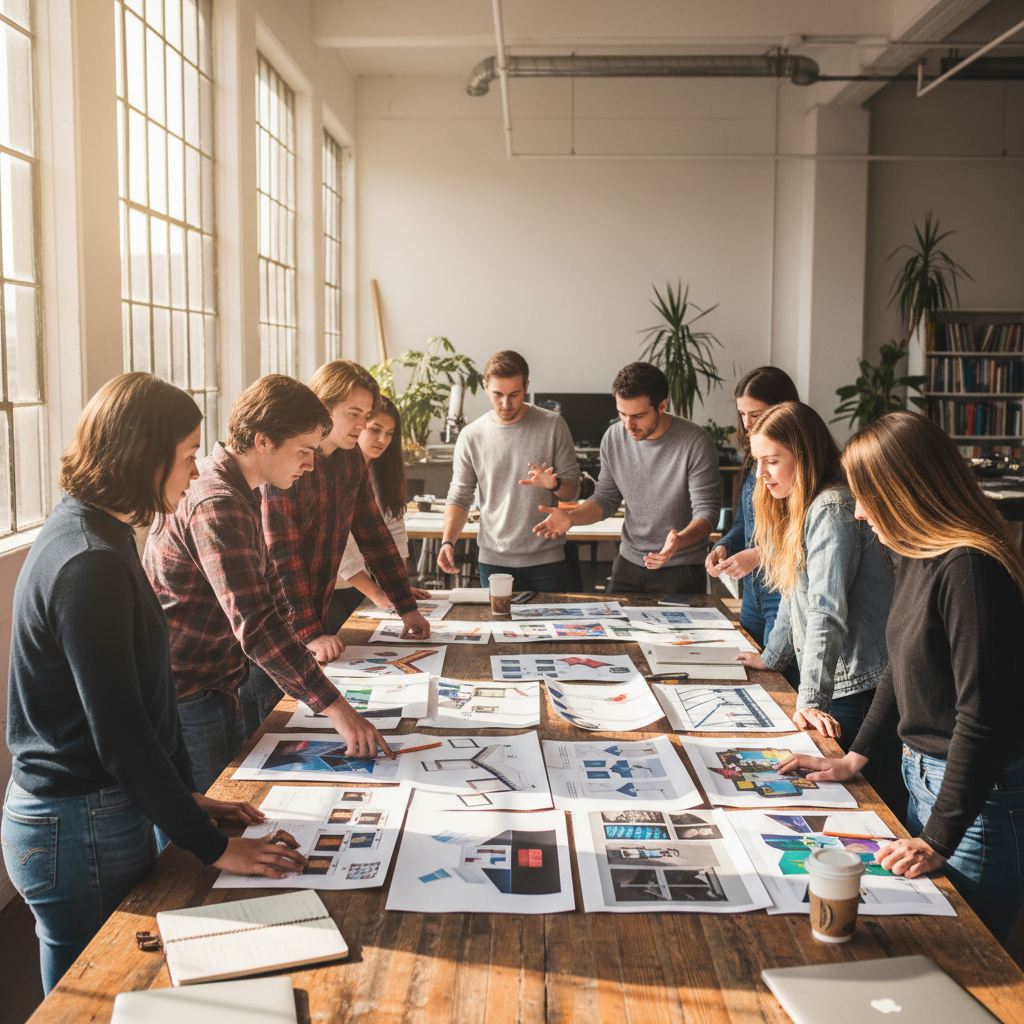 Students gathered around a large table during a design critique session, gesturing at printed posters